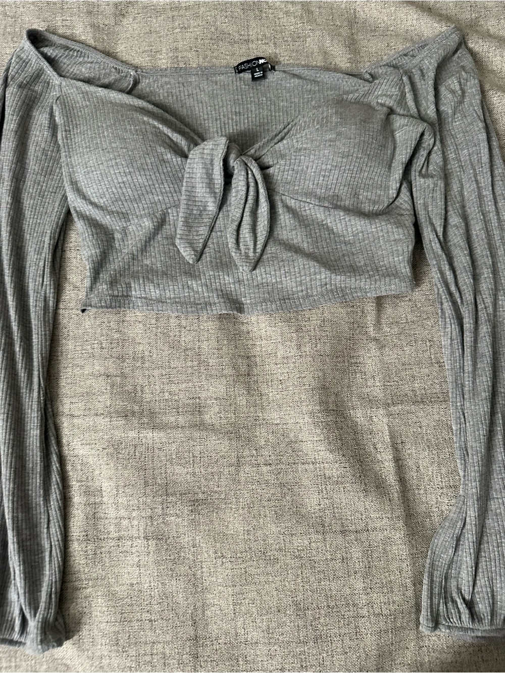 Fashion Nova Grey Ribbed Tie Front Long Sleeve Crop Top